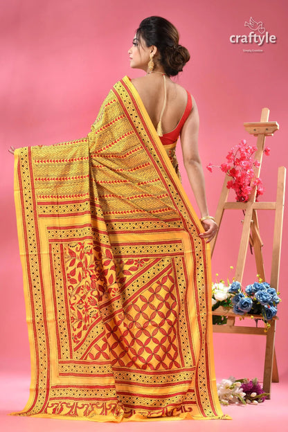 Munshell yellow and red kantha embroidered silk saree woman yellow red patterned saree 5