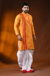 Mustard cotton silk embroidery kurta for men with ethnic motifs 4