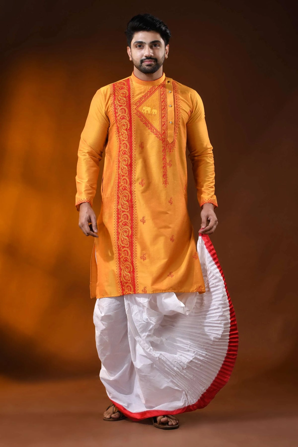 Mustard cotton silk embroidery kurta for men with ethnic motifs 1