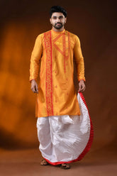 Mustard cotton silk embroidery kurta for men with ethnic motifs 1