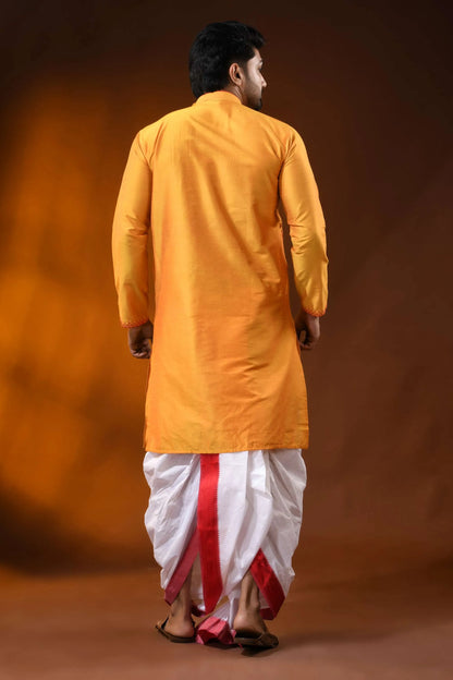 Mustard cotton silk embroidery kurta for men with ethnic motifs 5