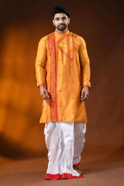 Mustard cotton silk embroidery kurta for men with ethnic motifs 8