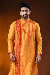 Mustard cotton silk embroidery kurta for men with ethnic motifs 2