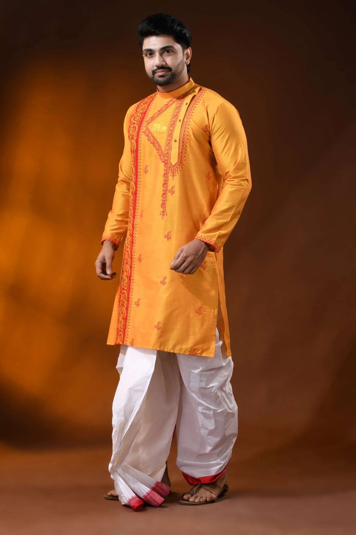 Mustard cotton silk embroidery kurta for men with ethnic motifs 7