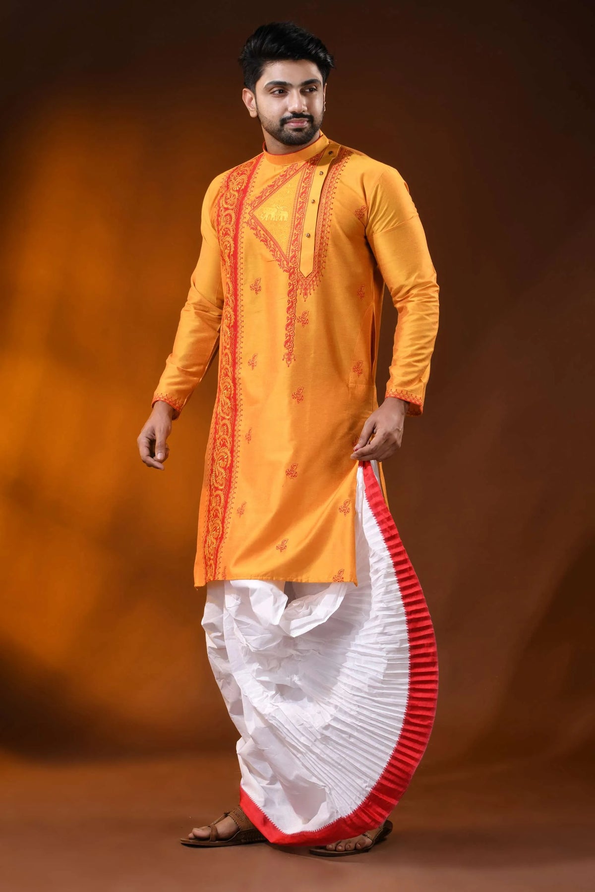 Mustard cotton silk embroidery kurta for men with ethnic motifs 3