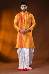 Mustard cotton silk embroidery kurta for men with ethnic motifs 6