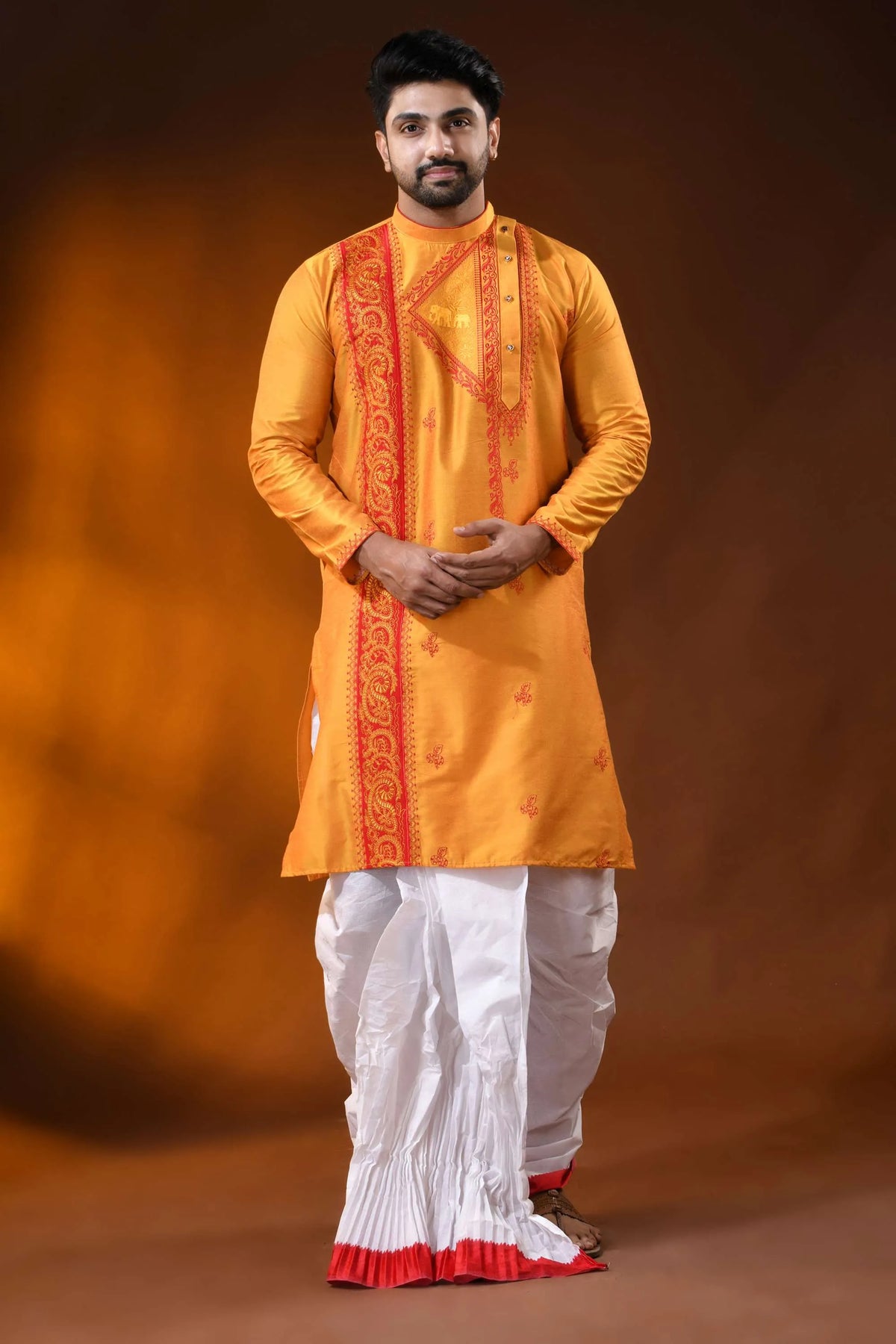 Mustard cotton silk embroidery kurta for men with ethnic motifs 6