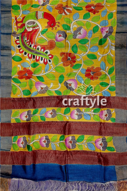 Mustard green hand painted pure tussar kalamkari saree with zari border yellow fabric floral bird design 6