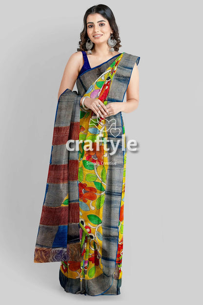 Mustard green hand painted pure tussar kalamkari saree with zari border woman colorful saree 3