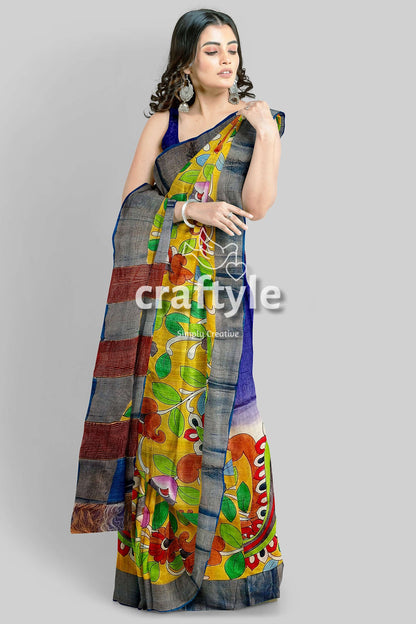 Mustard Green Hand Painted Pure Tussar Kalamkari Saree with Zari Border - Craftyle