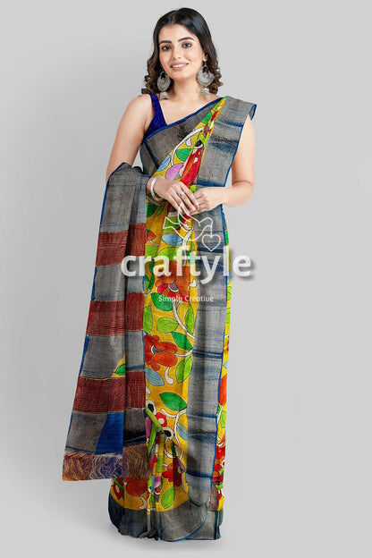 Mustard Green Hand Painted Pure Tussar Kalamkari Saree with Zari Border - Craftyle