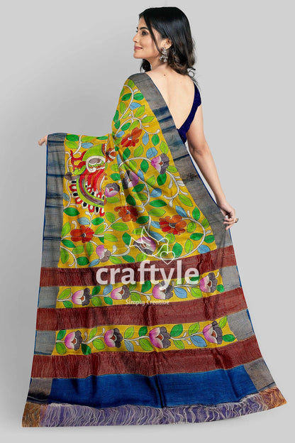 Mustard Green Hand Painted Pure Tussar Kalamkari Saree with Zari Border - Craftyle