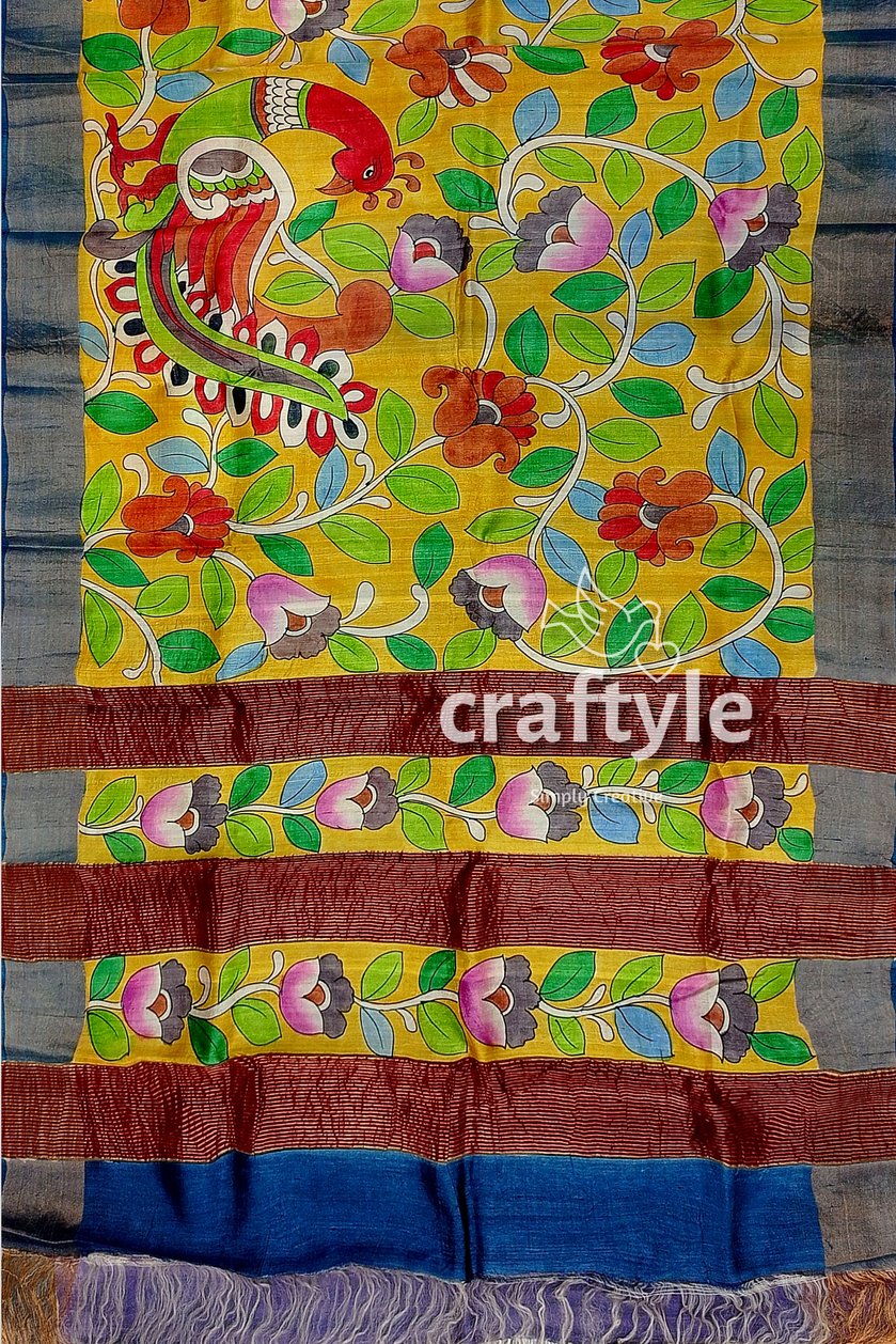 Mustard Green Hand Painted Pure Tussar Kalamkari Saree with Zari Border - Craftyle