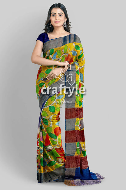 Mustard Green Hand Painted Pure Tussar Kalamkari Saree with Zari Border - Craftyle