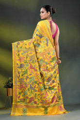 Mustard yellow bird motif handcrafted silk kantha work saree 5