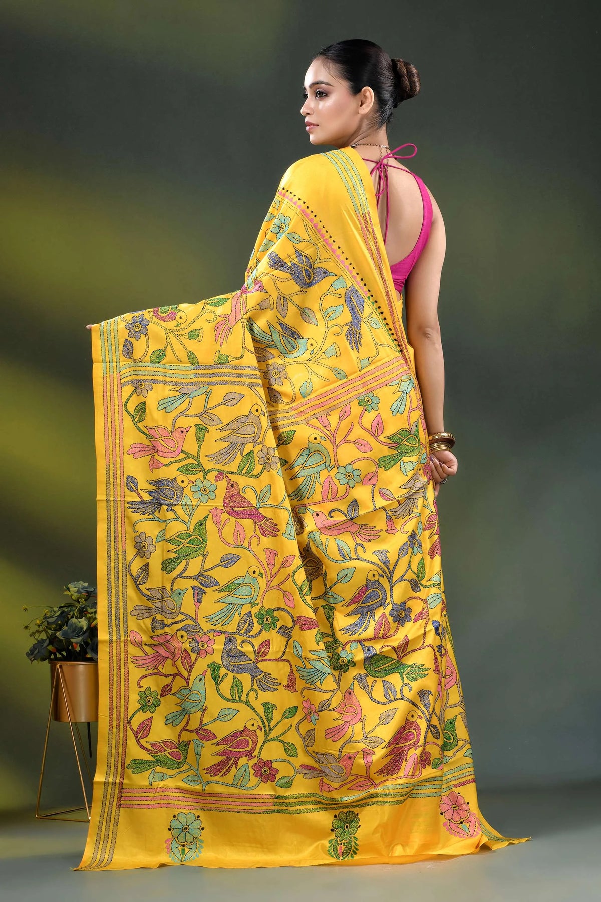 Mustard yellow bird motif handcrafted silk kantha work saree 5