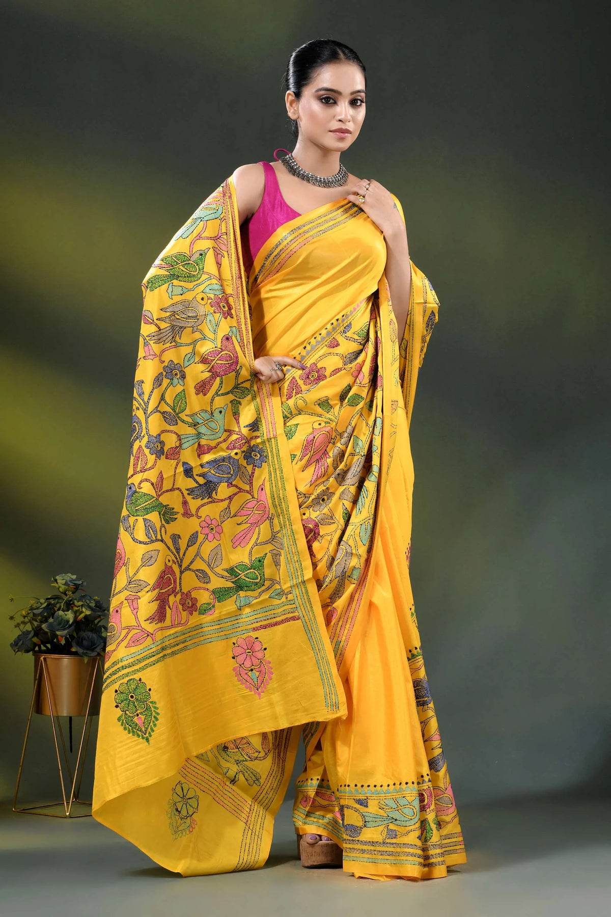 Mustard yellow bird motif handcrafted silk kantha work saree 4