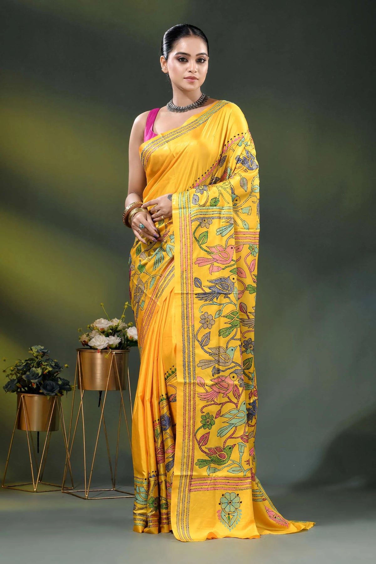 Mustard yellow bird motif handcrafted silk kantha work saree 1