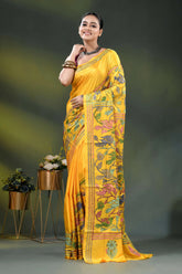 Mustard yellow bird motif handcrafted silk kantha work saree 6