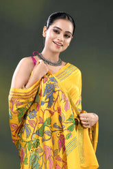 Mustard yellow bird motif handcrafted silk kantha work saree 2