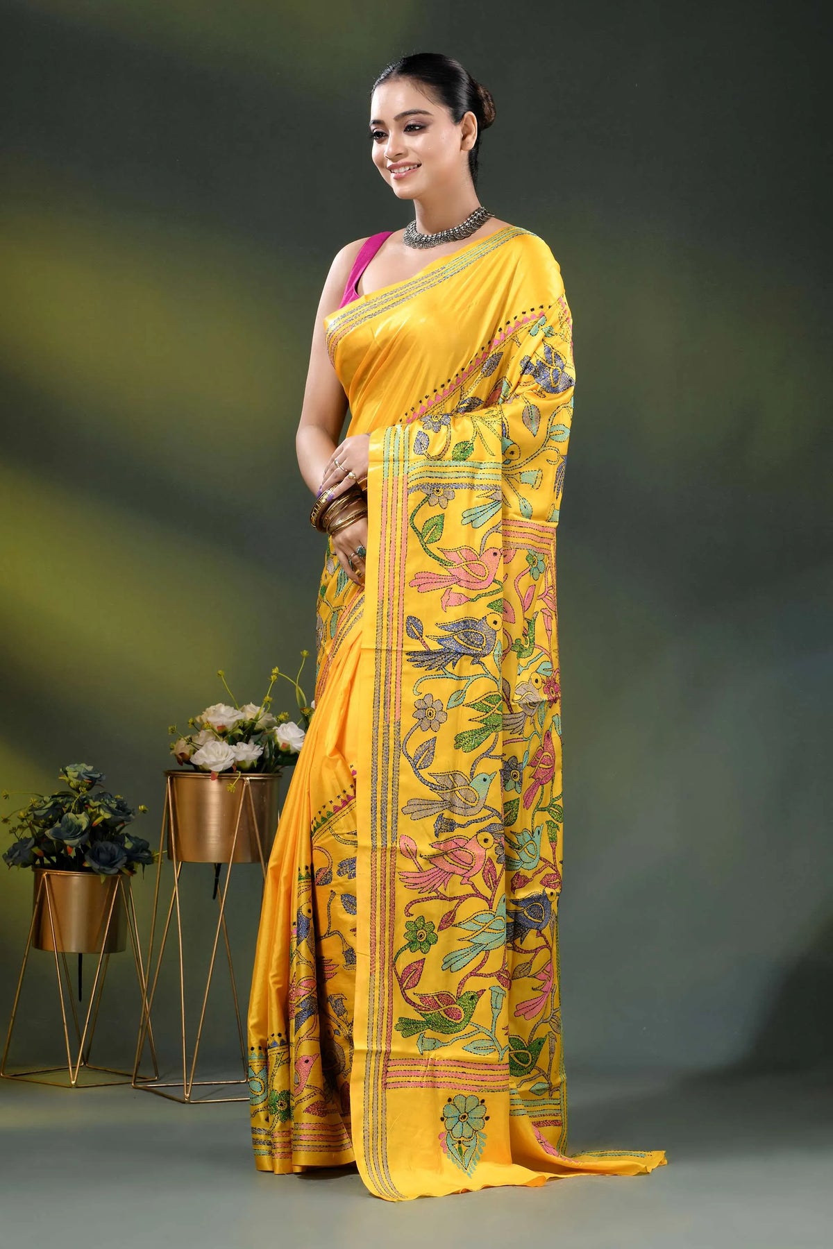 Mustard yellow bird motif handcrafted silk kantha work saree 3