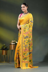 Mustard yellow bird motif handcrafted silk kantha work saree 3