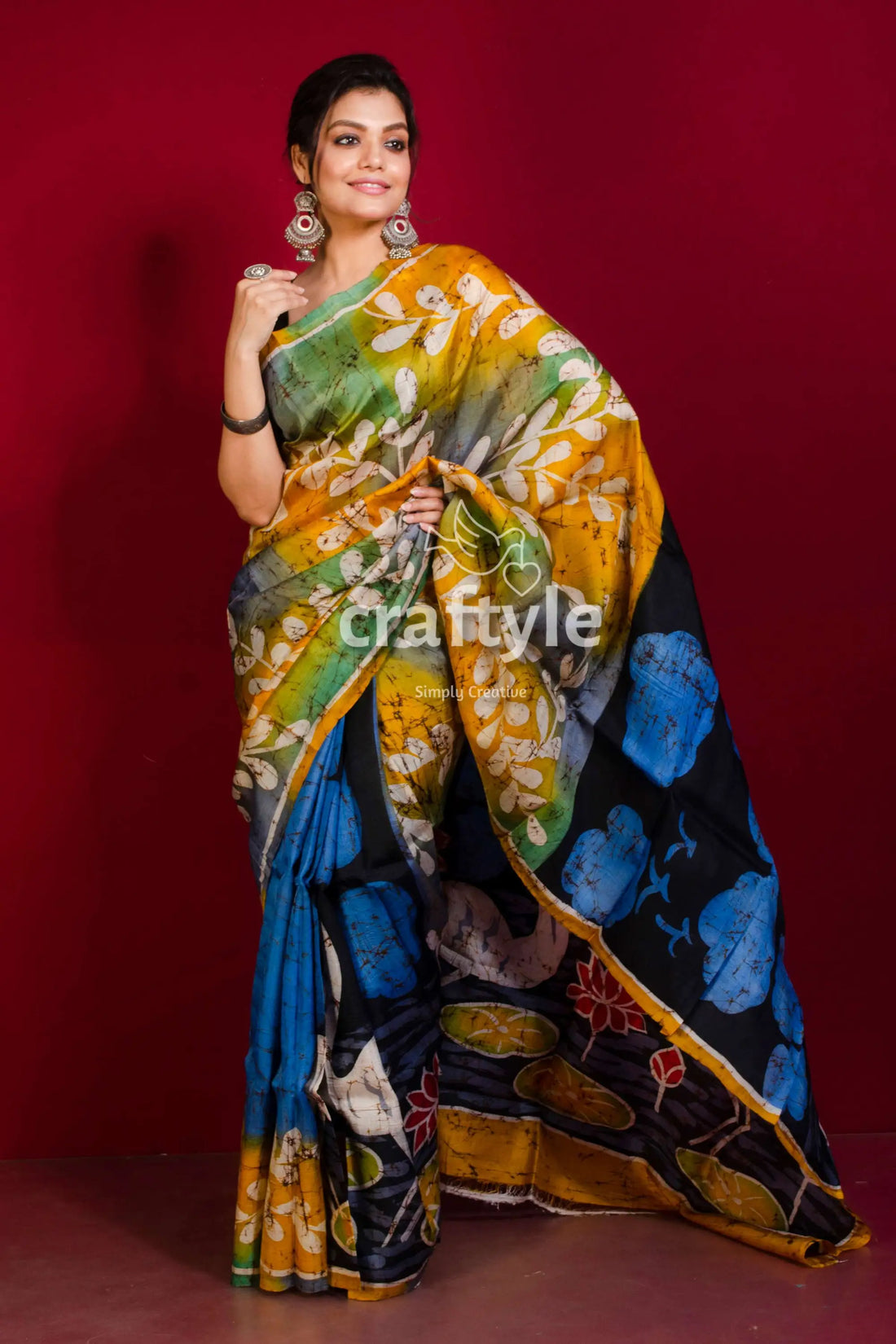 Mustard yellow blue lotus motif hand batik pure mulberry silk saree woman colorful batik saree 1