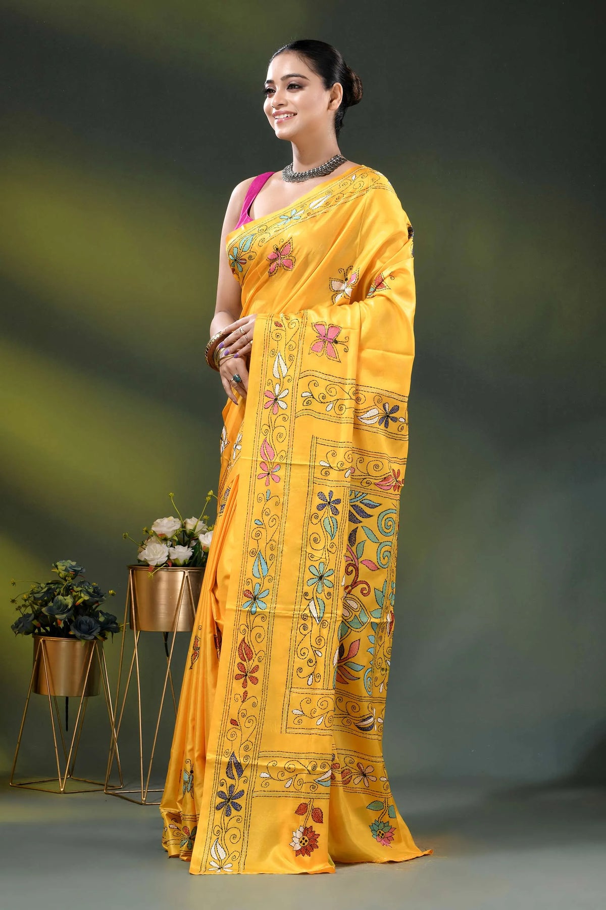 Mustard yellow floral motif handmade kantha stitch silk saree 3