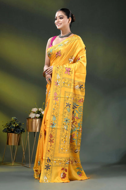 Mustard yellow floral motif handmade kantha stitch silk saree 3
