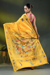 Mustard yellow floral motif handmade kantha stitch silk saree 5
