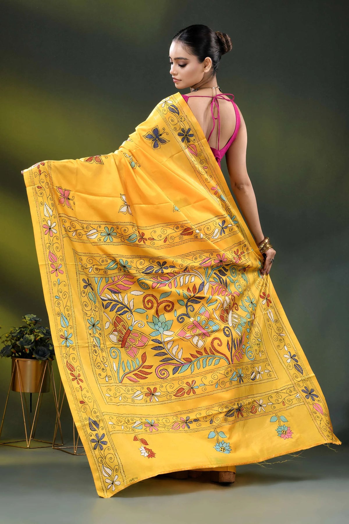 Mustard yellow floral motif handmade kantha stitch silk saree 5