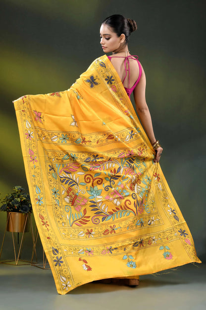 Mustard yellow floral motif handmade kantha stitch silk saree 5