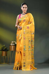 Mustard yellow floral motif handmade kantha stitch silk saree 6