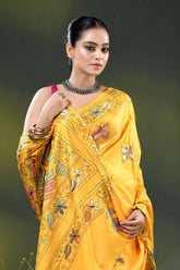 Mustard yellow floral motif handmade kantha stitch silk saree 2