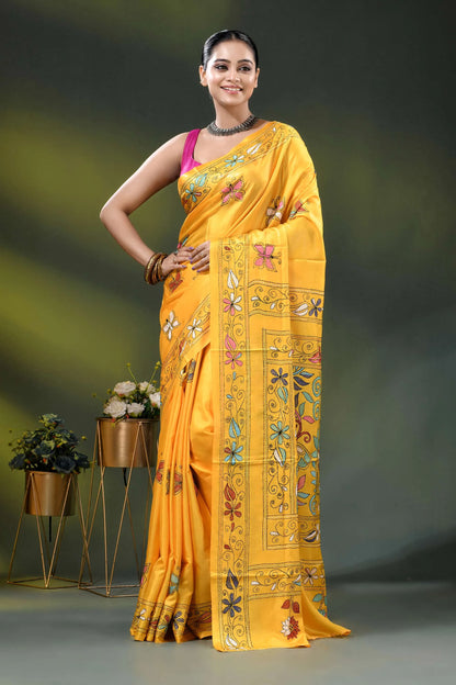 Mustard yellow floral motif handmade kantha stitch silk saree 1