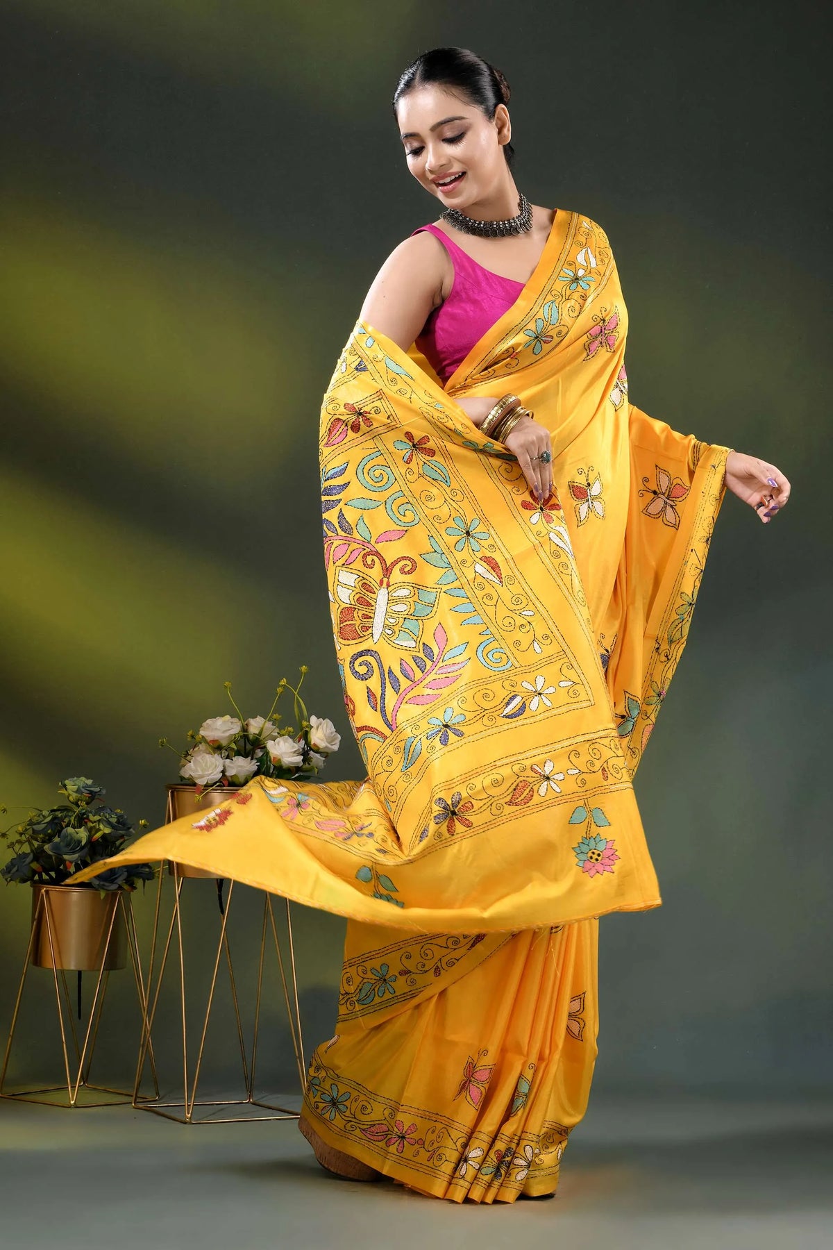 Mustard yellow floral motif handmade kantha stitch silk saree 4