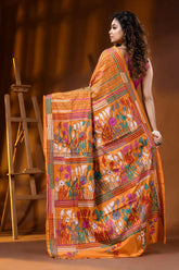 Mustard yellow hand embroidered floral motif silk kantha saree 5