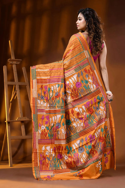Mustard yellow hand embroidered floral motif silk kantha saree 5