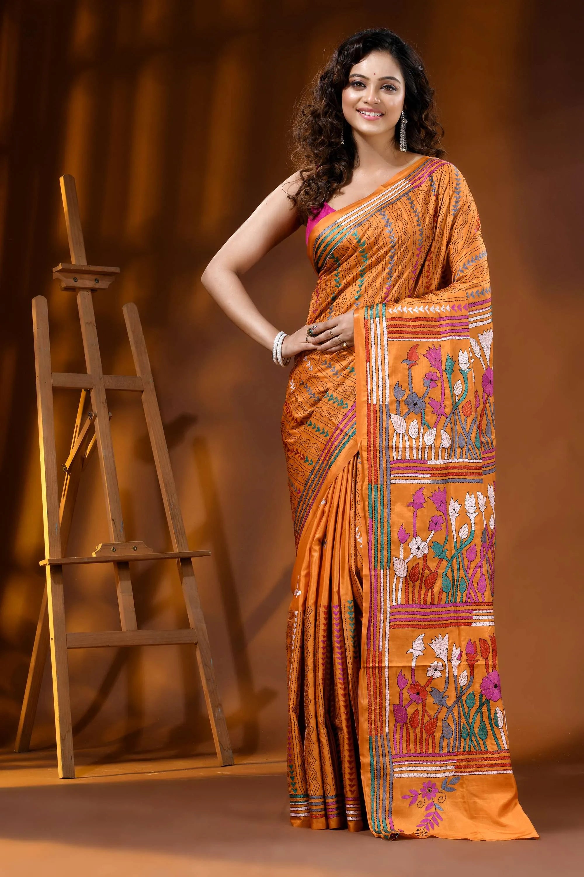 Mustard yellow hand embroidered floral motif silk kantha saree 1