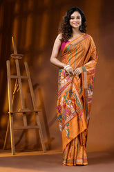 Mustard yellow hand embroidered floral motif silk kantha saree 4
