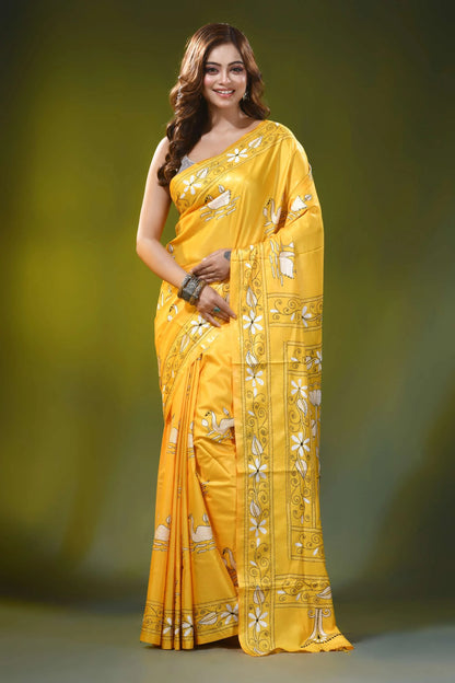 Mustard yellow handmade kantha silk saree with swan floral motif 1