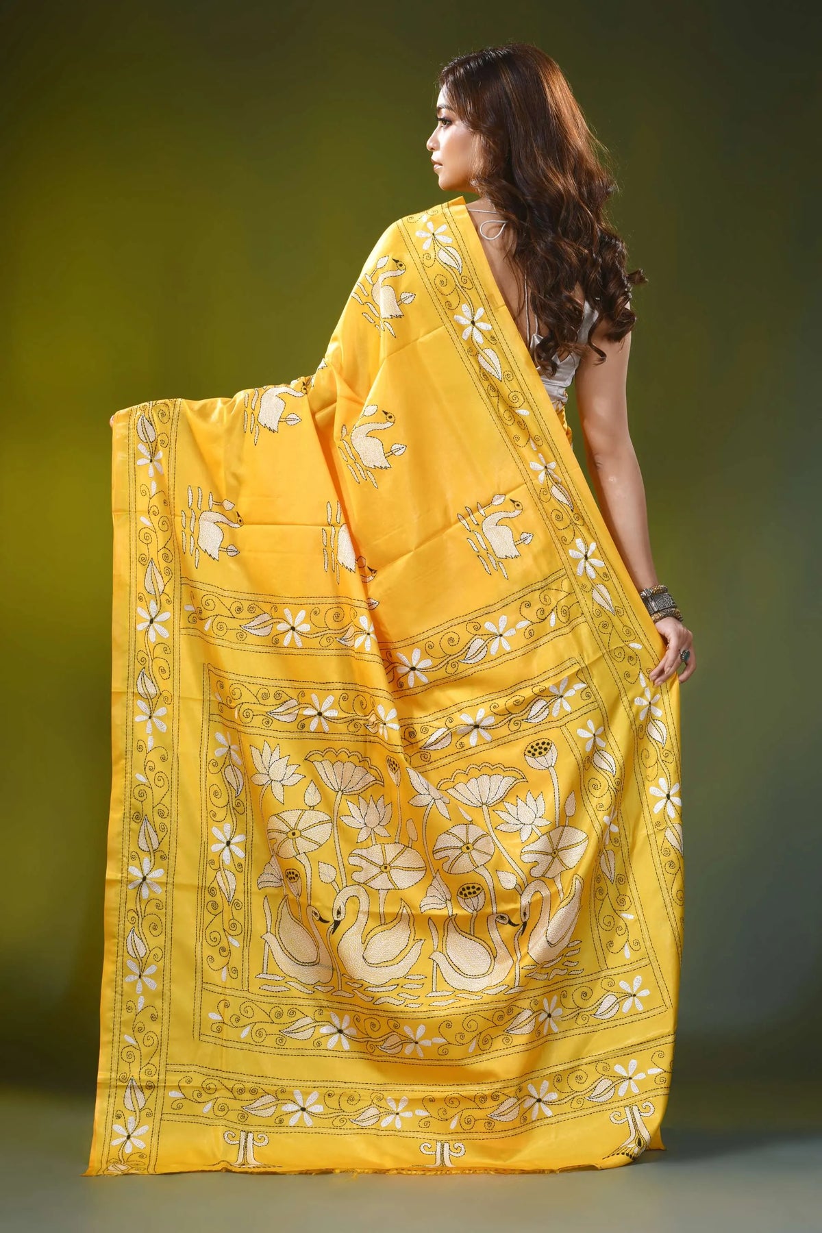 Mustard yellow handmade kantha silk saree with swan floral motif 5