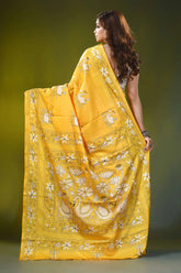 Mustard yellow handmade kantha silk saree with swan floral motif 5