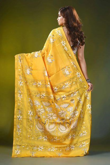 Mustard yellow handmade kantha silk saree with swan floral motif 5