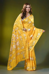 Mustard yellow handmade kantha silk saree with swan floral motif 4