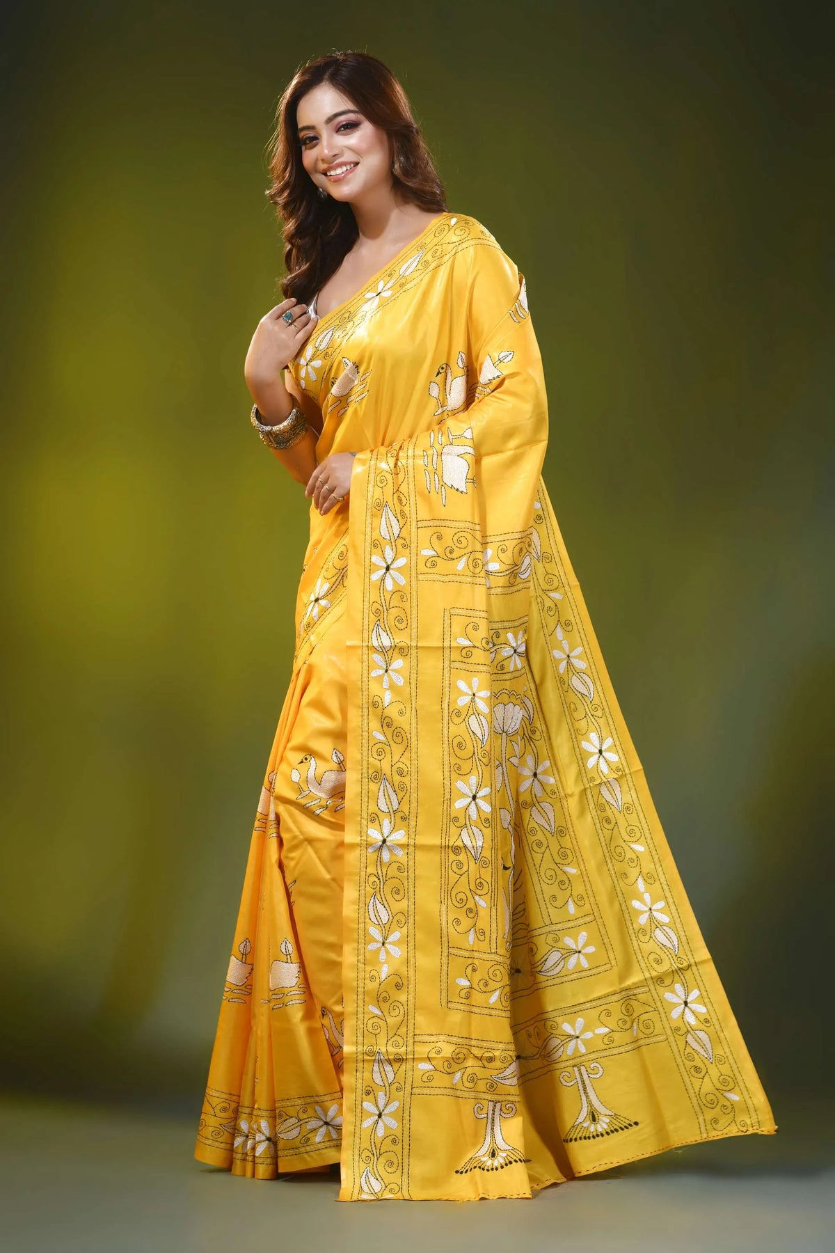 Mustard yellow handmade kantha silk saree with swan floral motif 3