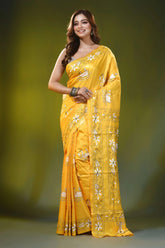 Mustard yellow handmade kantha silk saree with swan floral motif 6