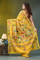 Mustard yellow lotus motif silk kantha saree vibrant yellow saree adorned intricate 4
