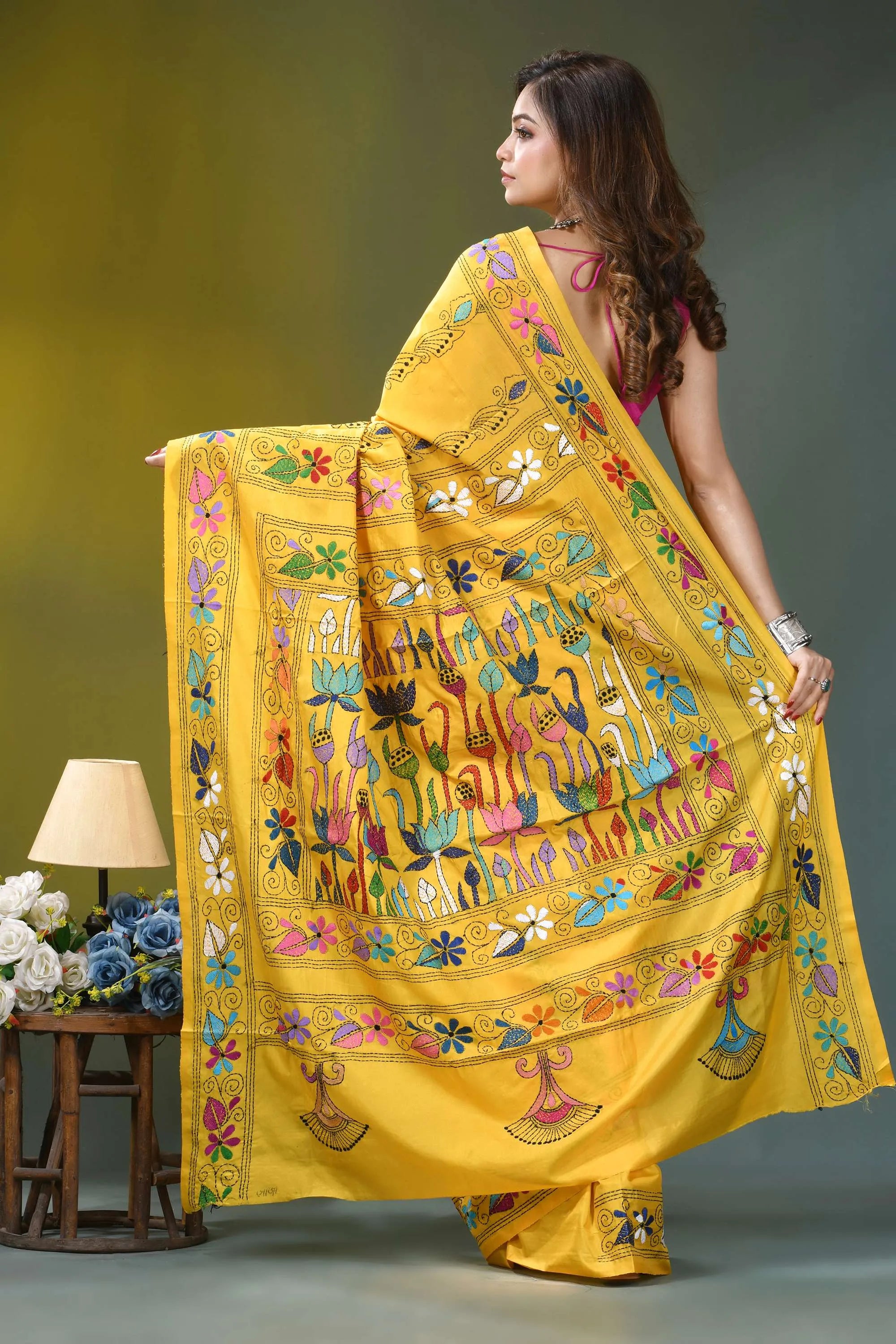Mustard yellow lotus motif silk kantha saree vibrant yellow saree adorned intricate 4