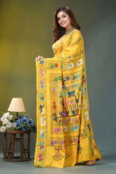 Mustard yellow lotus motif silk kantha saree vibrant yellow silk saree adorned 3